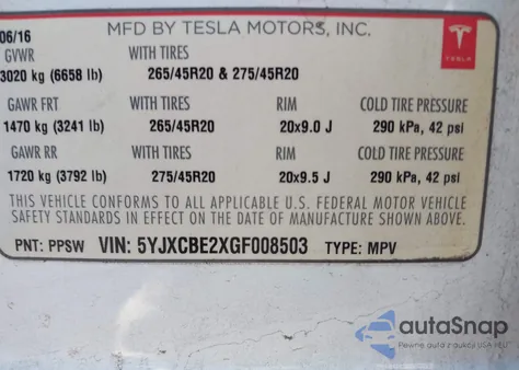2016 Tesla Model X 60D/70D/75D/90D/P100D из США, поврежденный, VIN 5YJXCBE2XGF008503